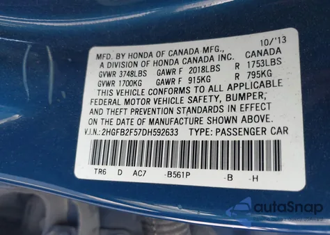 2013 Honda Civic Lx from USA, damaged, VIN 2HGFB2F57DH592633